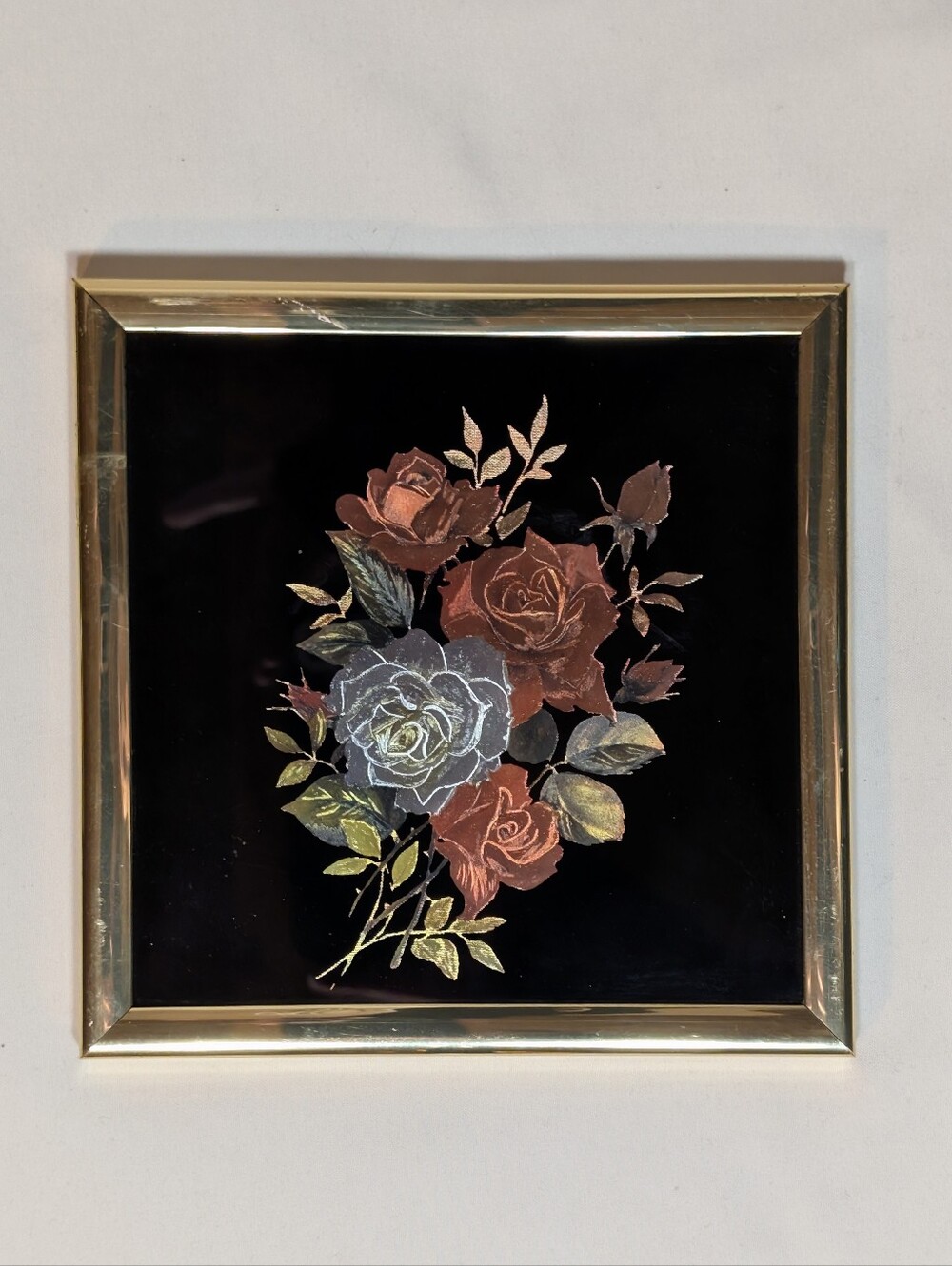 Vintage 1982 Kafka Industries Roses Gold Foil Frame 6" Square Flowers Floral